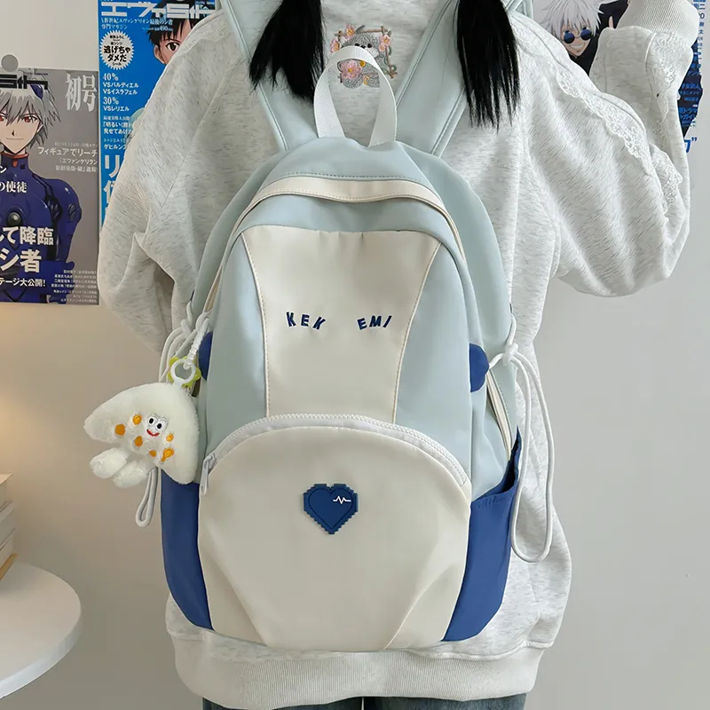 BUBM Nylon Backpack Unisex Khaki/Blue/Pink-5