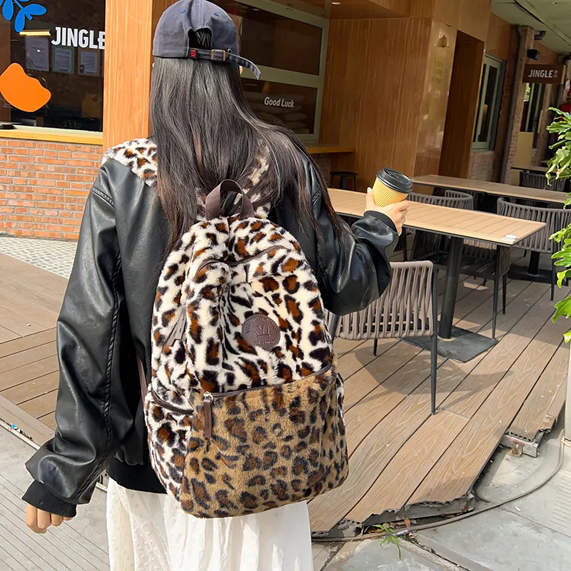 BUBM Plush Backpack Unisex Brown Leopard Print/White Leopard Print-9