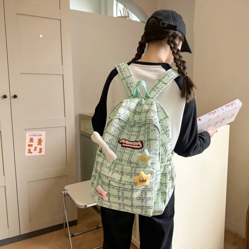 BUBM Corduroy Backpack Unisex Green/Blue/Pink/Black-5