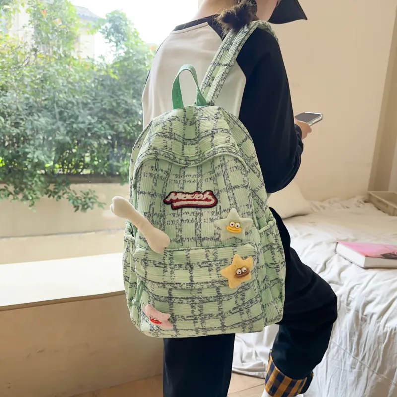 BUBM Corduroy Backpack Unisex Green/Blue/Pink/Black-7