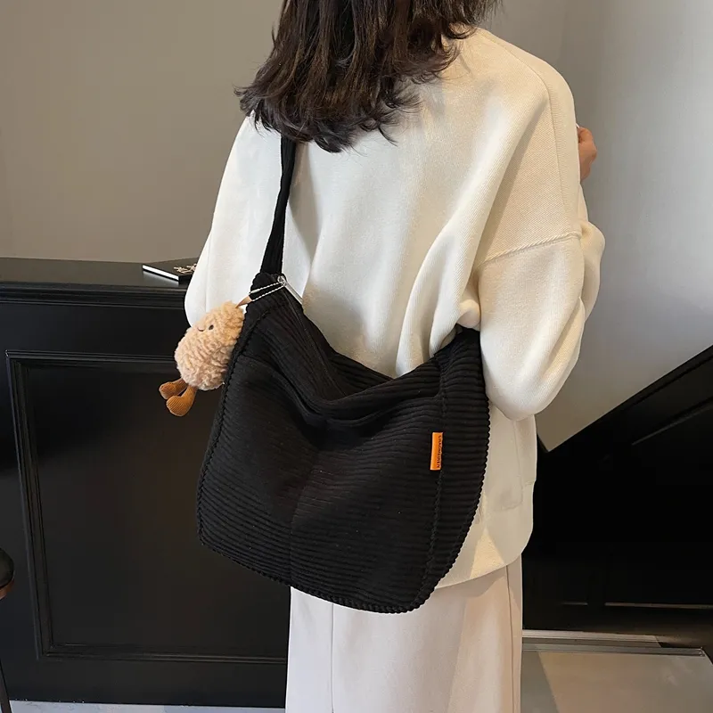 BUBM Corduroy Shoulder Bag Women's Black/White/Coffee-2