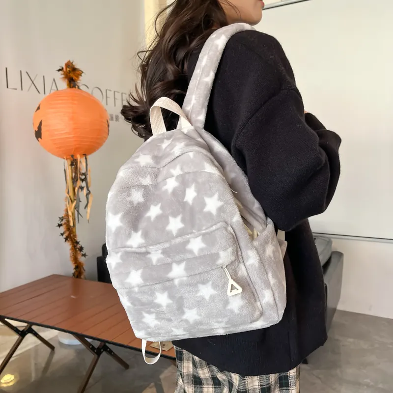 BUBM Plush Backpack Unisex Blue/Coffee/Gray-17