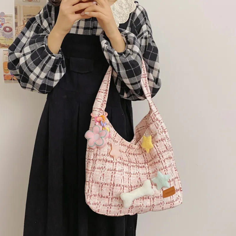 BUBM Fleece Shoulder Bag Unisex Green/Blue/Pink-13