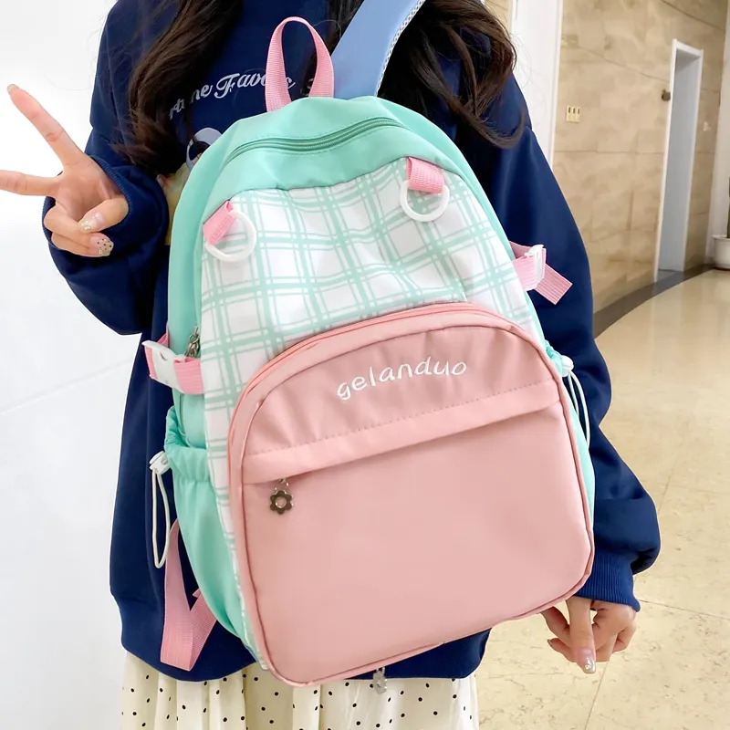 BUBM Nylon Backpack Unisex Green/Sky Blue/Pink-16