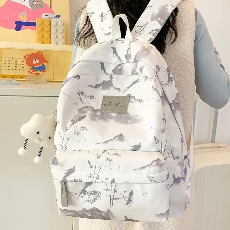 BUBM Composite Cloth Backpack Women's Gray Pink/Red Green-3