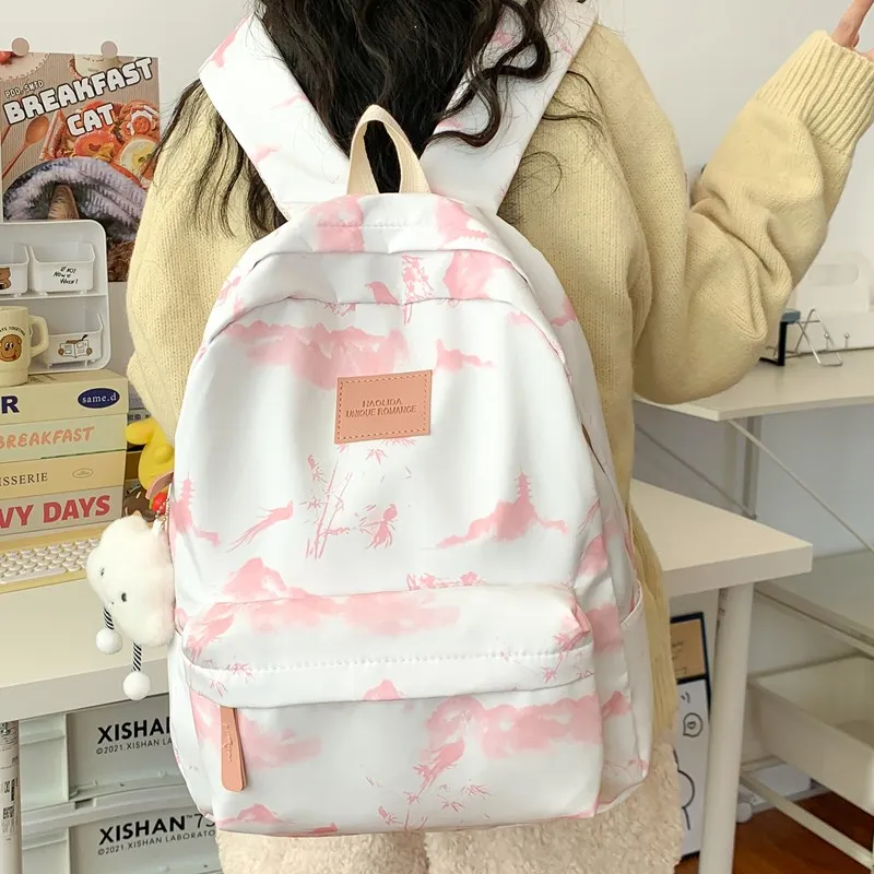 BUBM Composite Cloth Backpack Women's Gray Pink/Red Green-9