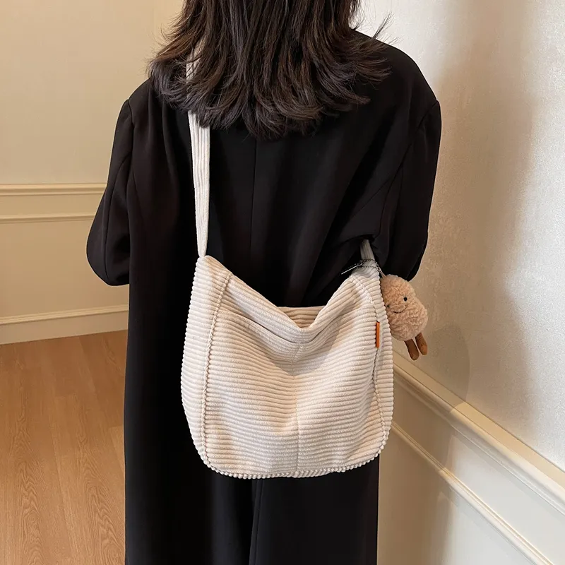 BUBM Corduroy Shoulder Bag Women's Black/White/Coffee-10