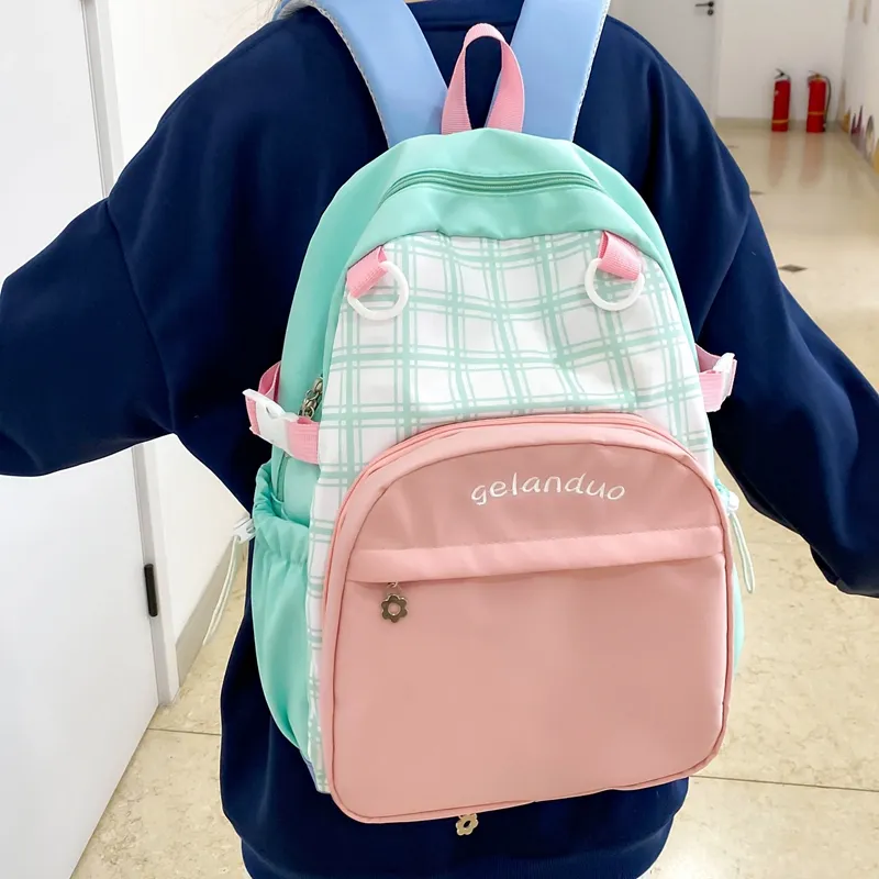 BUBM Nylon Backpack Unisex Green/Sky Blue/Pink-14