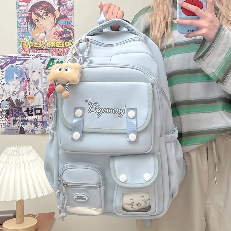 BUBM Nylon Fabric Backpack Unisex Ecru/Black/Light Pink/Light Blue-11