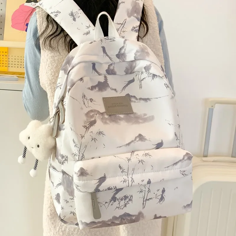 BUBM Composite Cloth Backpack Women's Gray Pink/Red Green-2