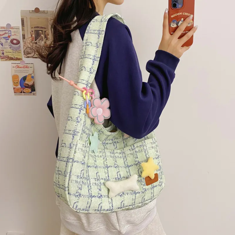 BUBM Fleece Shoulder Bag Unisex Green/Blue/Pink-2