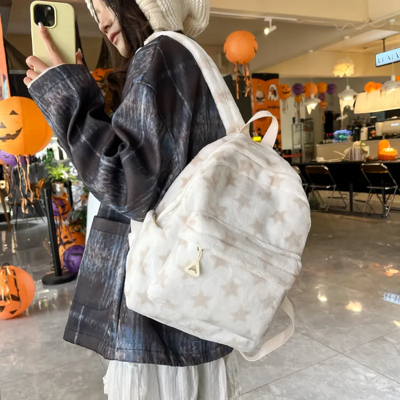 BUBM Plush Backpack Unisex Blue/Coffee/Gray-9