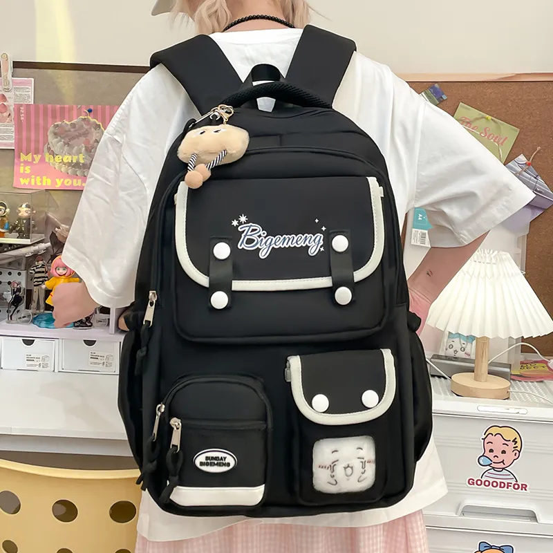 BUBM Nylon Fabric Backpack Unisex Ecru/Black/Light Pink/Light Blue-17