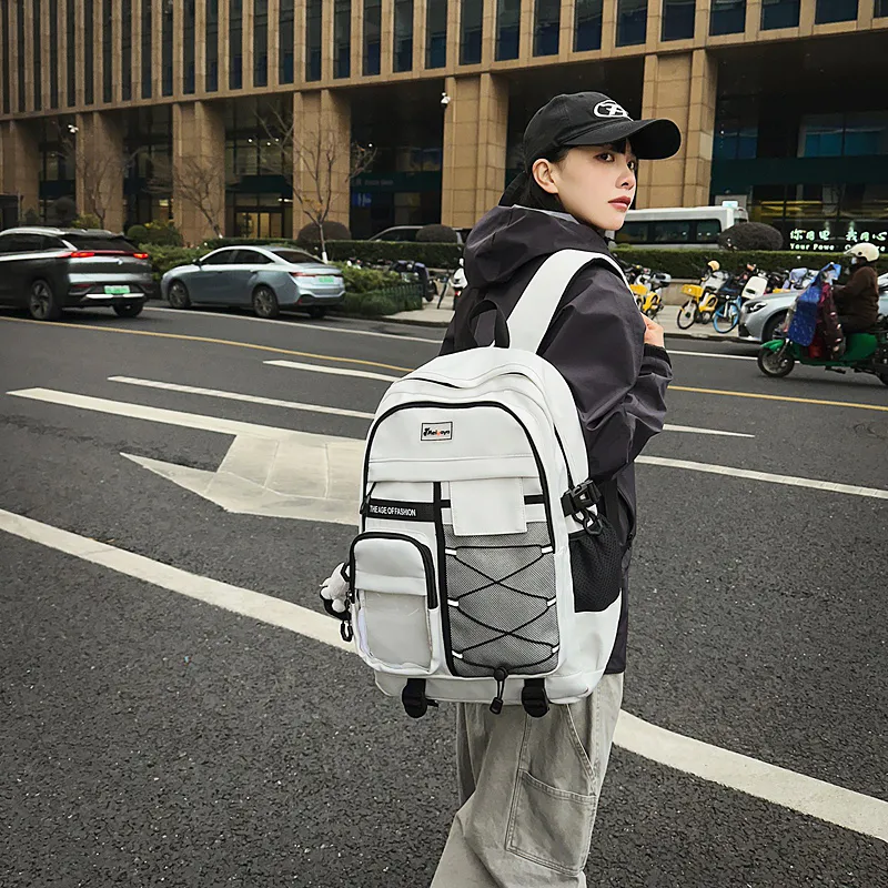 BUBM Nylon Backpack Unisex Light Gray/Black/Navy Blue/Beige-1