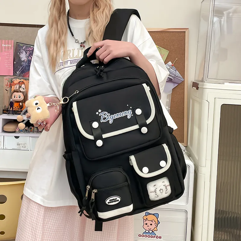 BUBM Nylon Fabric Backpack Unisex Ecru/Black/Light Pink/Light Blue-16