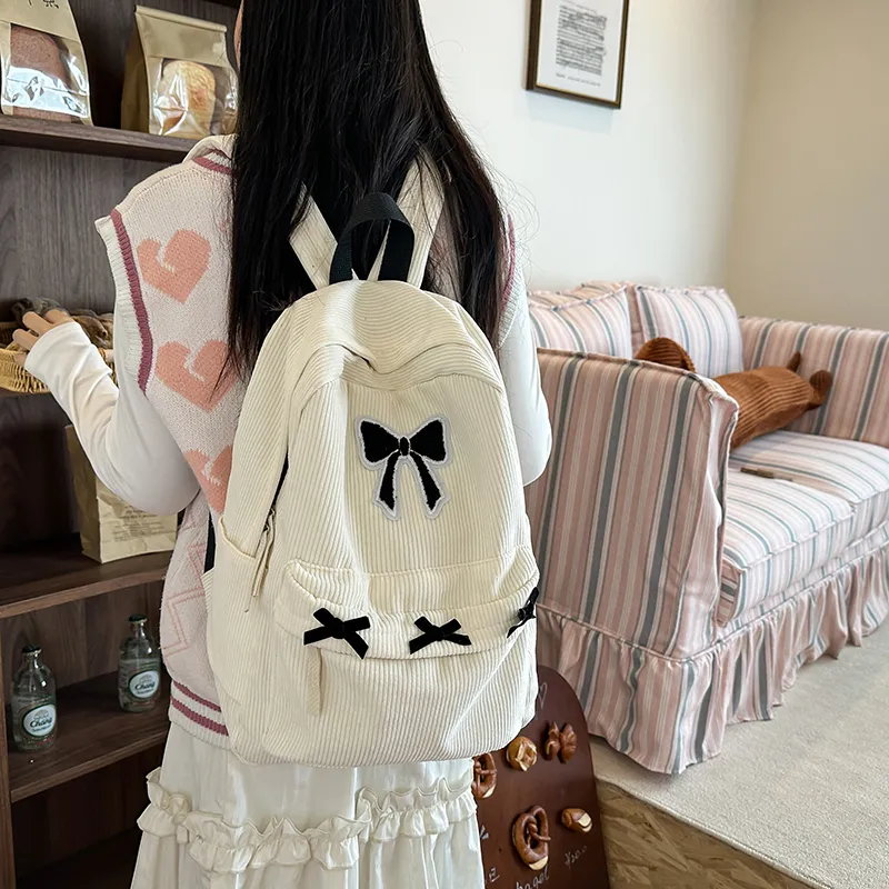 BUBM Corduroy Backpack Regular Unisex Black/White-5