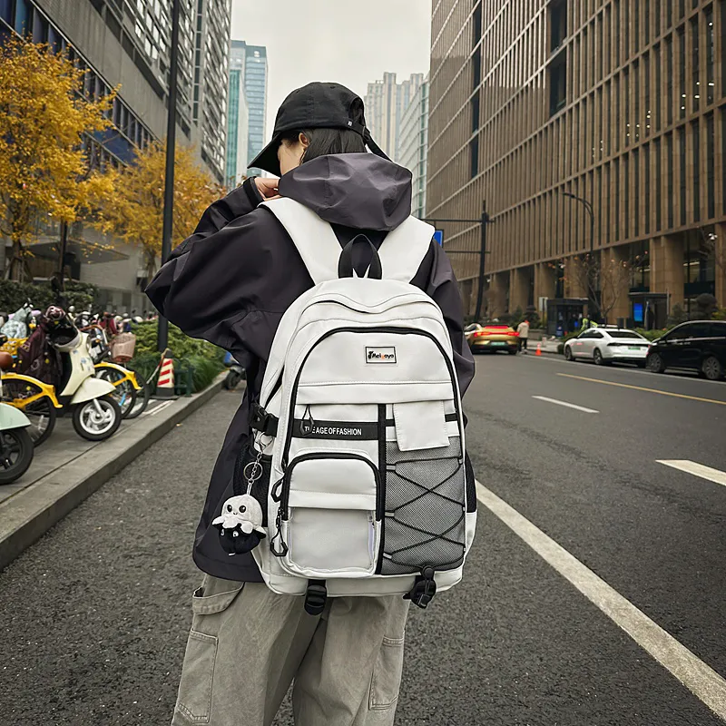 BUBM Nylon Backpack Unisex Light Gray/Black/Navy Blue/Beige-3