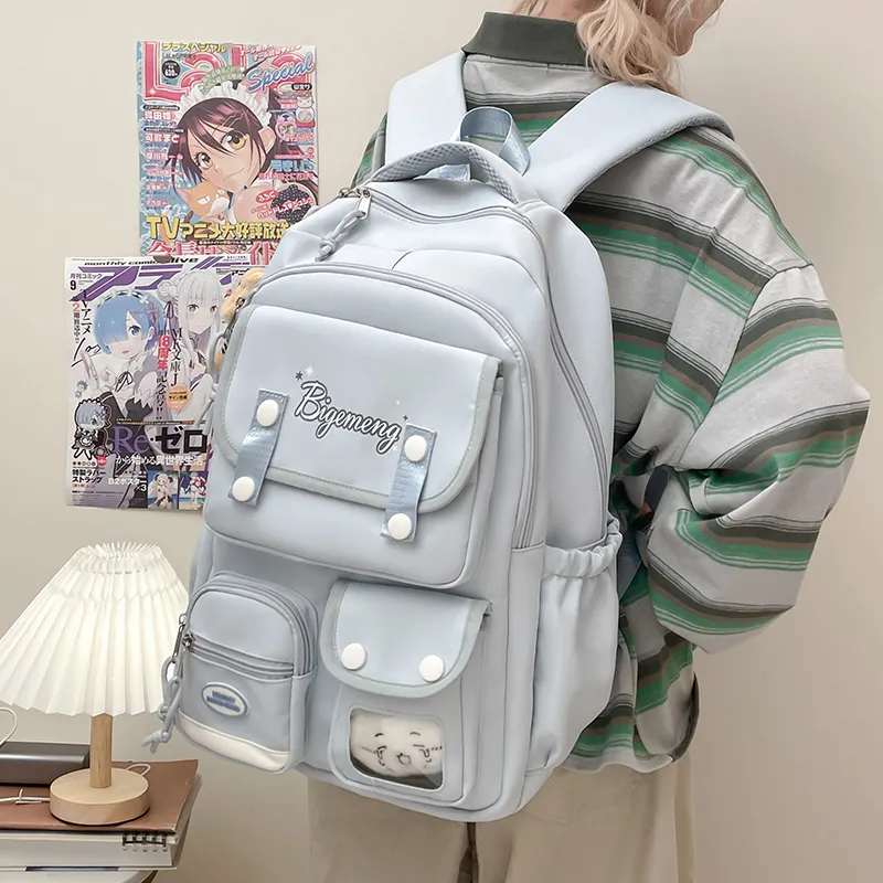 BUBM Nylon Fabric Backpack Unisex Ecru/Black/Light Pink/Light Blue-9