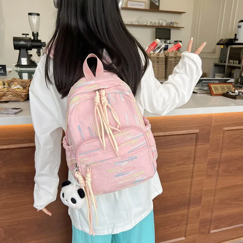 BUBM Composite Cloth Backpack Regular Unisex Black/White/Pink/Yellow-8