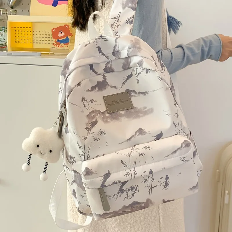 BUBM Composite Cloth Backpack Women's Gray Pink/Red Green-1