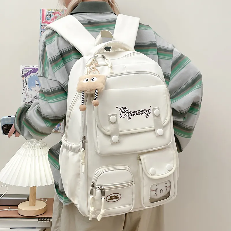 BUBM Nylon Fabric Backpack Unisex Ecru/Black/Light Pink/Light Blue-23