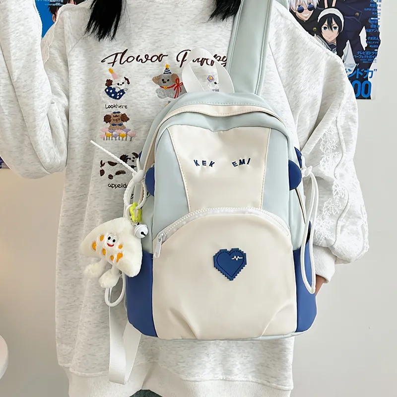 BUBM Nylon Backpack Unisex Khaki/Blue/Pink-7