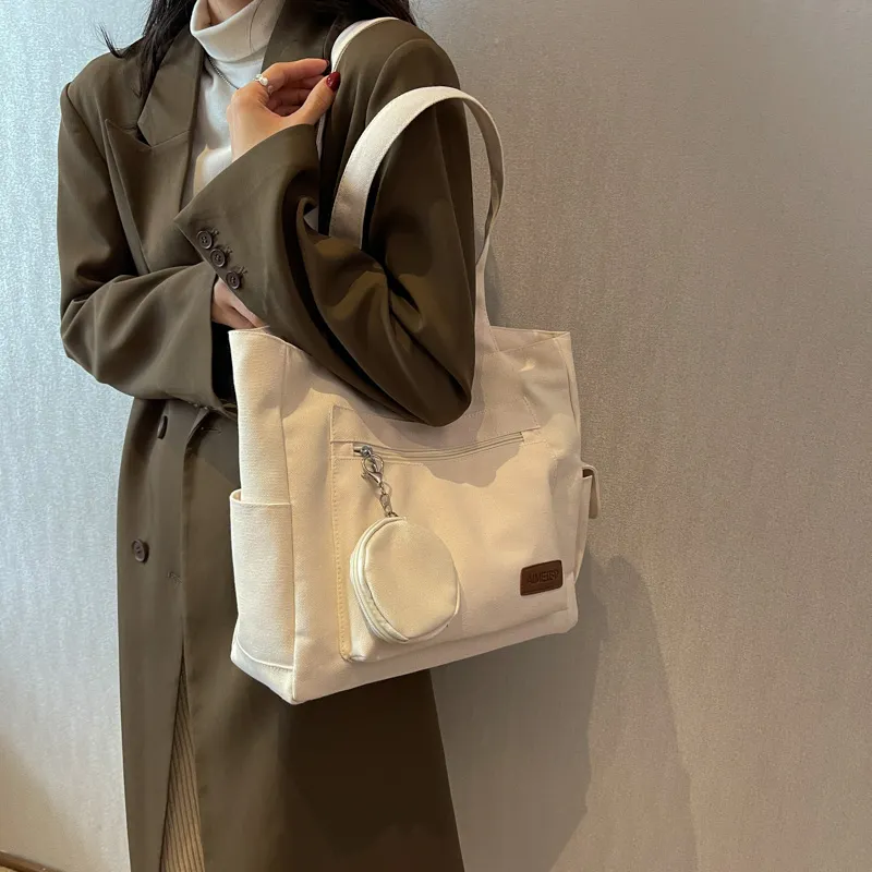 BUBM Canvas Bag, Shoulder Bag Women's White/Navy Blue/Khaki-1