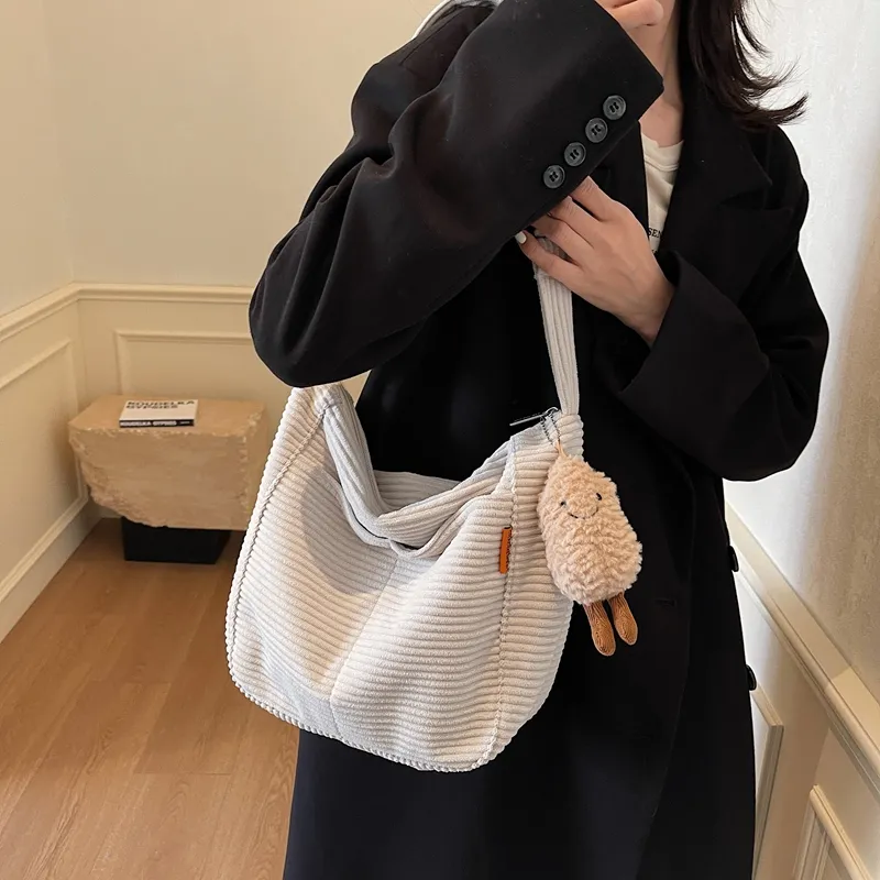 BUBM Corduroy Shoulder Bag Women's Black/White/Coffee-9