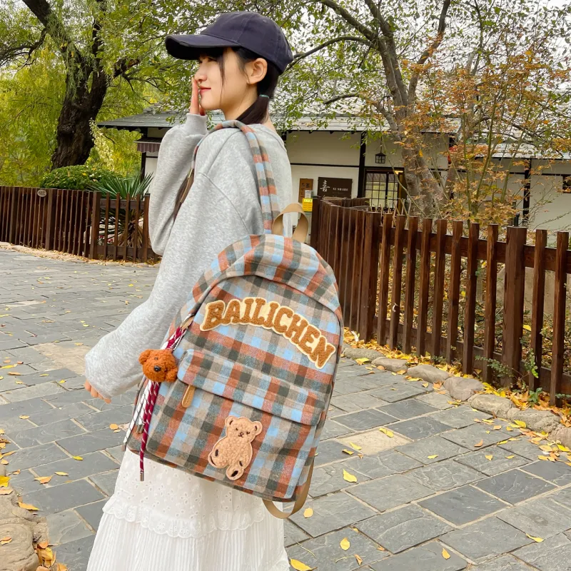 BUBM Woolen Backpack Women's Red/Blue/Coffee/Khaki/Beige Coffee-1