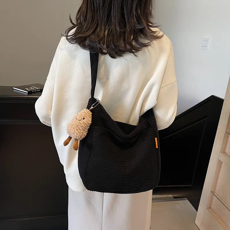 BUBM Corduroy Shoulder Bag Women's Black/White/Coffee-1