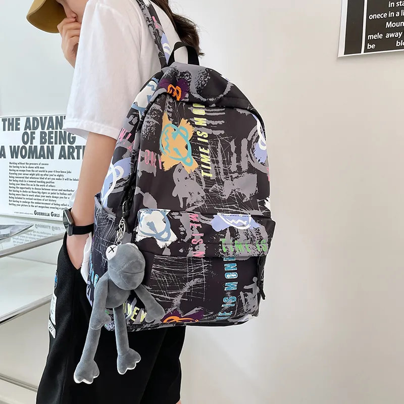 BUBM Nylon Backpack Unisex Black/White/Blue-9