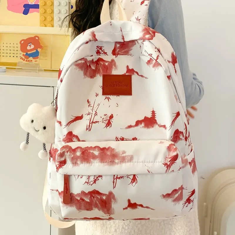 BUBM Composite Cloth Backpack Women's Gray Pink/Red Green-16