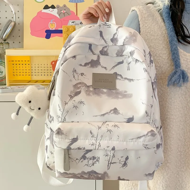 BUBM Composite Cloth Backpack Women's Gray Pink/Red Green-5
