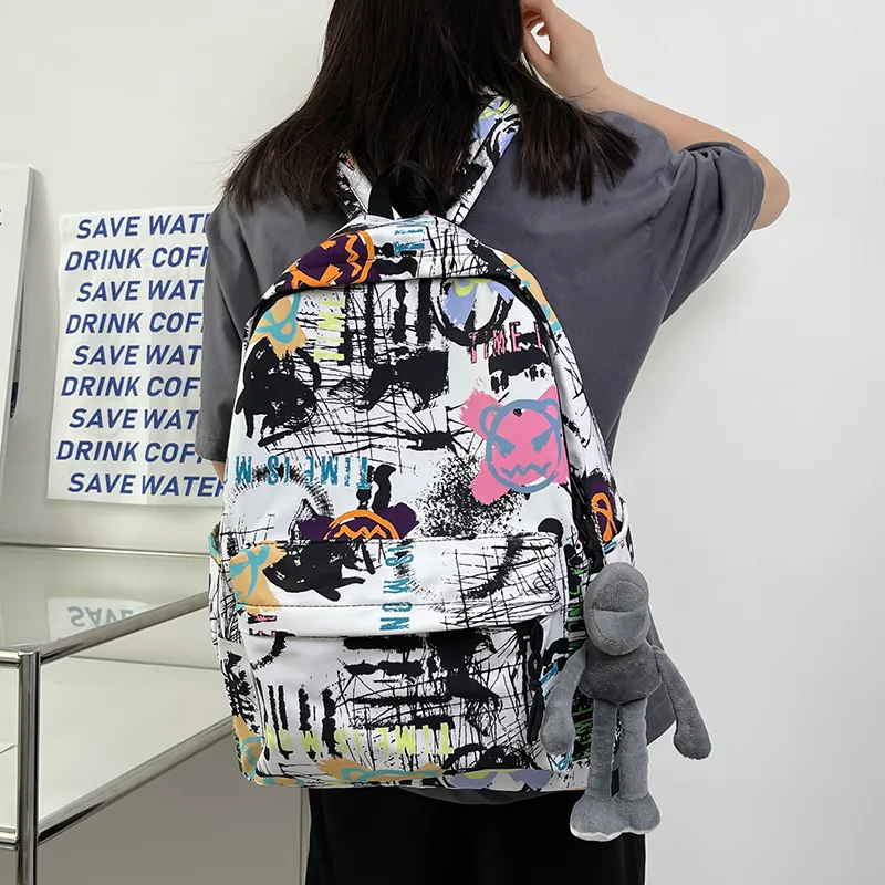 BUBM Nylon Backpack Unisex Black/White/Blue-2