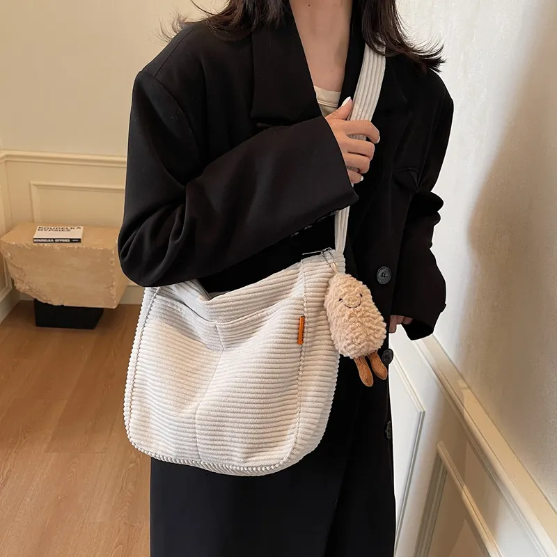 BUBM Corduroy Shoulder Bag Women's Black/White/Coffee-11