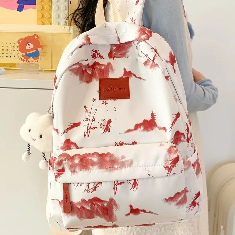 BUBM Composite Cloth Backpack Women's Gray Pink/Red Green-13