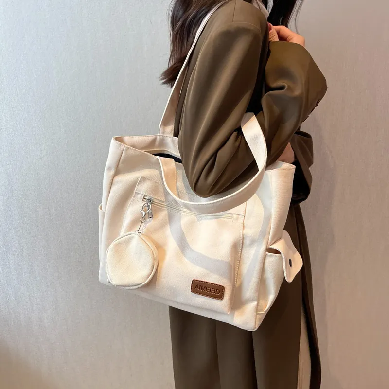 BUBM Canvas Bag, Shoulder Bag Women's White/Navy Blue/Khaki-4