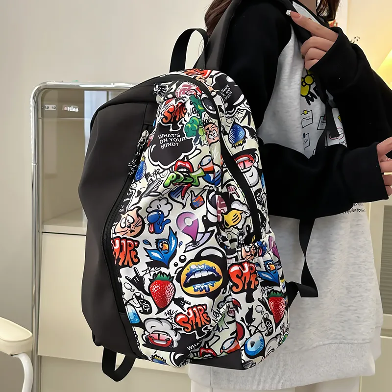 BUBM Nylon Backpack Unisex White/Red/Green-3