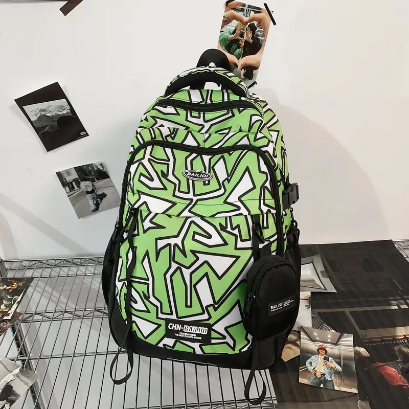 BUBM Nylon Backpack Unisex Black/White/Green-1