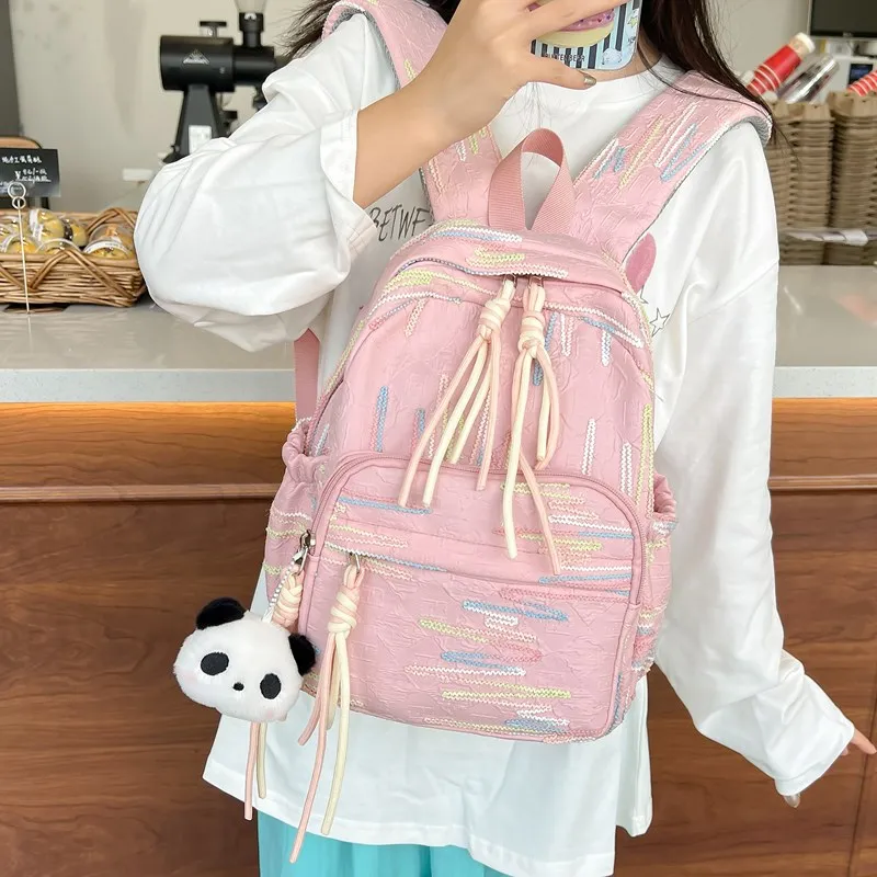 BUBM Composite Cloth Backpack Regular Unisex Black/White/Pink/Yellow-11