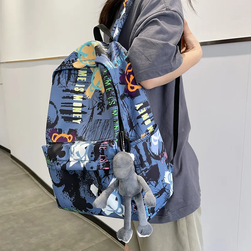BUBM Nylon Backpack Unisex Black/White/Blue-16