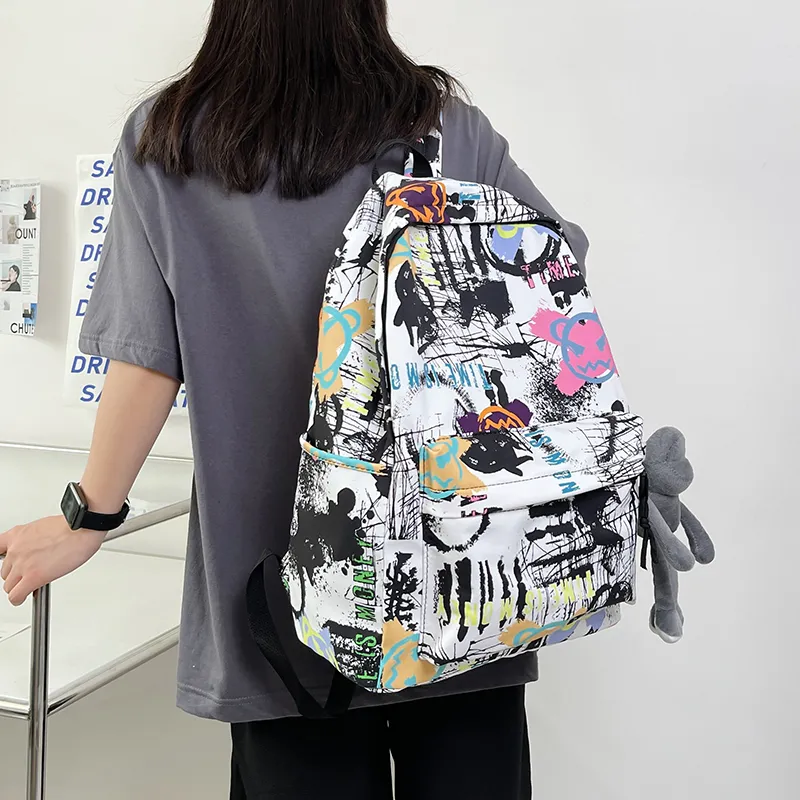 BUBM Nylon Backpack Unisex Black/White/Blue-1