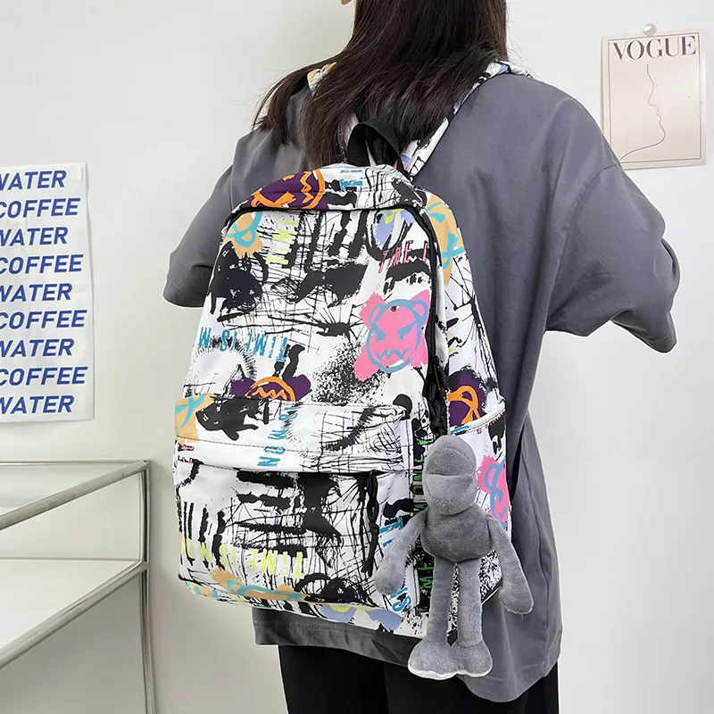 BUBM Nylon Backpack Unisex Black/White/Blue-4
