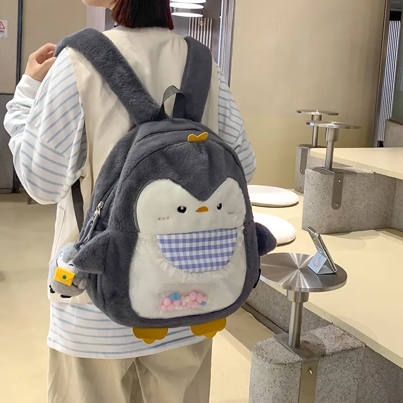 BUBM Plush Backpack Women's Light Gray/Dark Gray/Pink-20
