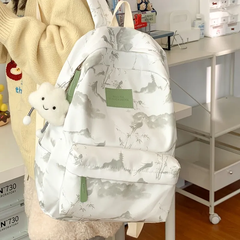 BUBM Composite Cloth Backpack Women's Gray Pink/Red Green-23