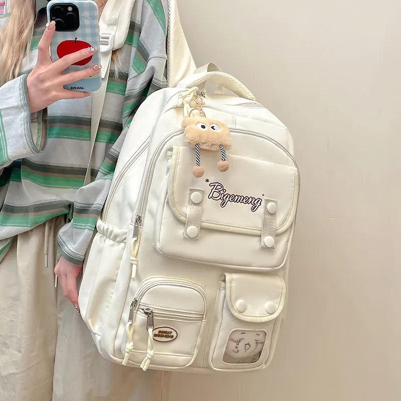 BUBM Nylon Fabric Backpack Unisex Ecru/Black/Light Pink/Light Blue-21