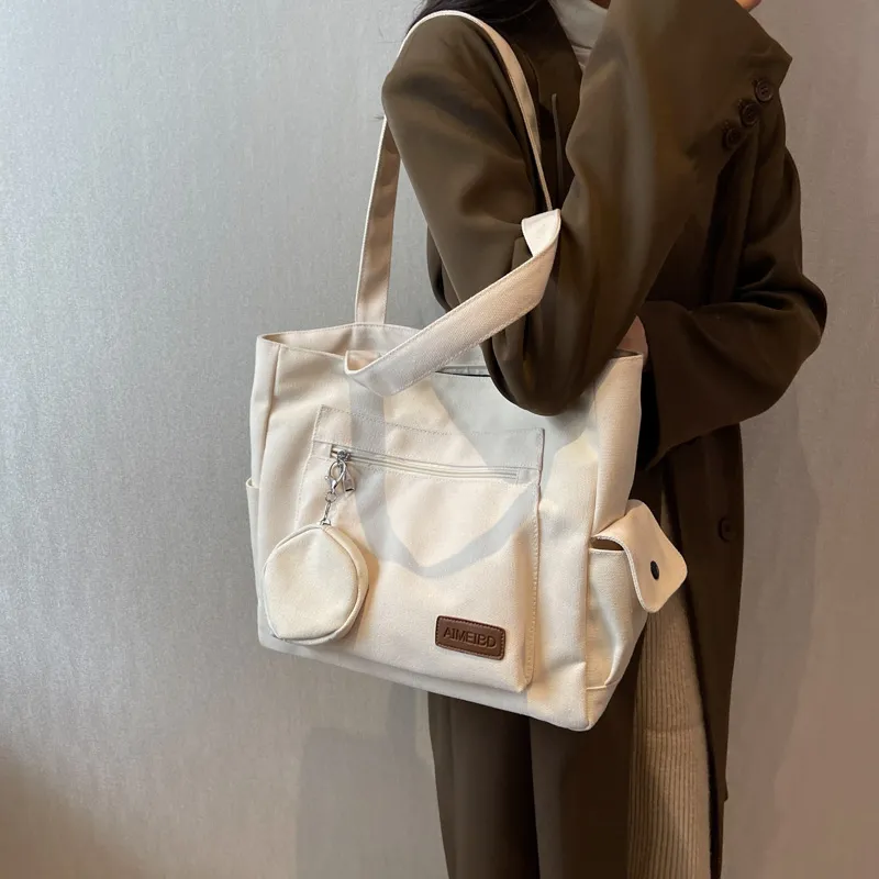 BUBM Canvas Bag, Shoulder Bag Women's White/Navy Blue/Khaki-3