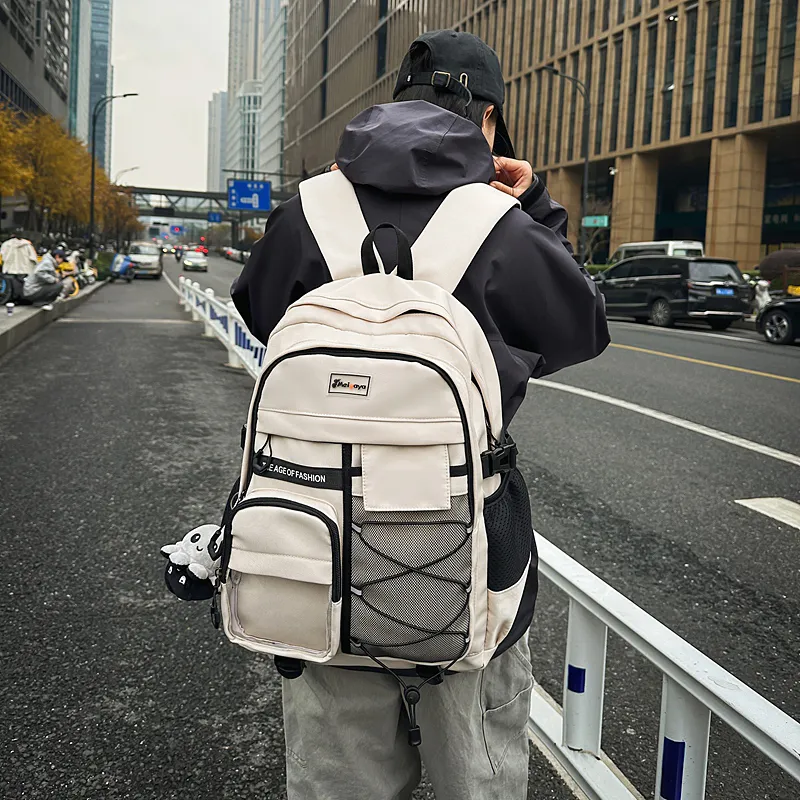 BUBM Nylon Backpack Unisex Light Gray/Black/Navy Blue/Beige-17