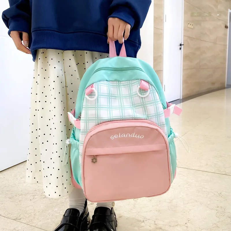 BUBM Nylon Backpack Unisex Green/Sky Blue/Pink-17