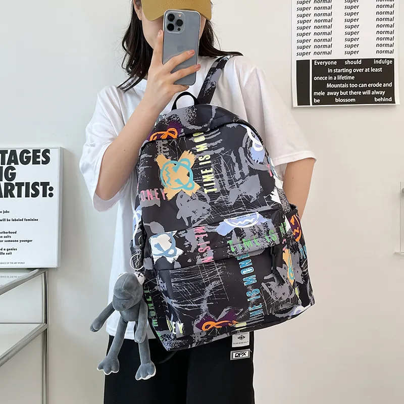 BUBM Nylon Backpack Unisex Black/White/Blue-8